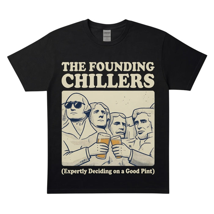  black cotton t-shirt featuring The Founding Chillers graphic of presidents drinking beer