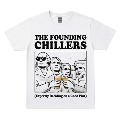  white heavy cotton t-shirt featuring a graphic of US presidents toasting with beer pints.