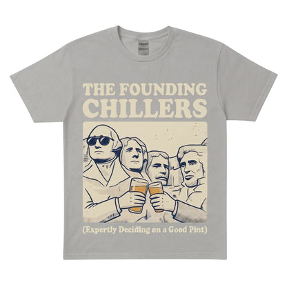  grey heavy cotton t-shirt featuring The Founding Chillers graphic with presidents holding beer pints.
