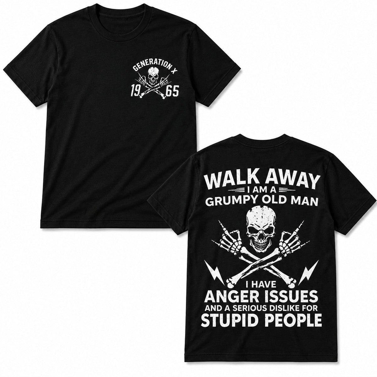  black cotton t-shirt with Generation X 1965 skull graphic on front and grumpy old man text on back