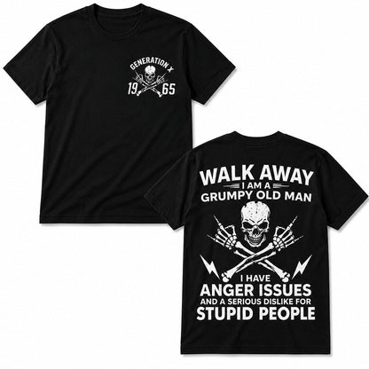  black cotton t-shirt with Generation X 1965 skull graphic on front and grumpy old man text on back