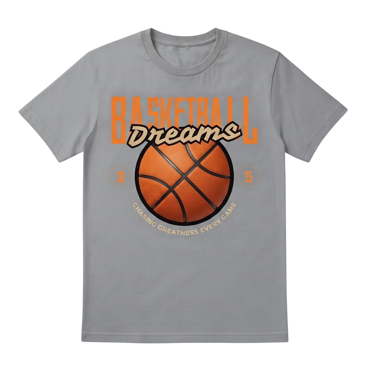  grey graphic t-shirt with a basketball design and the text Chasing Greatness Every Game