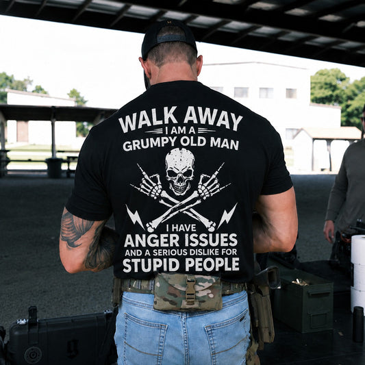 black cotton t-shirt with Grumpy Old Man skull graphic and humorous text on the back