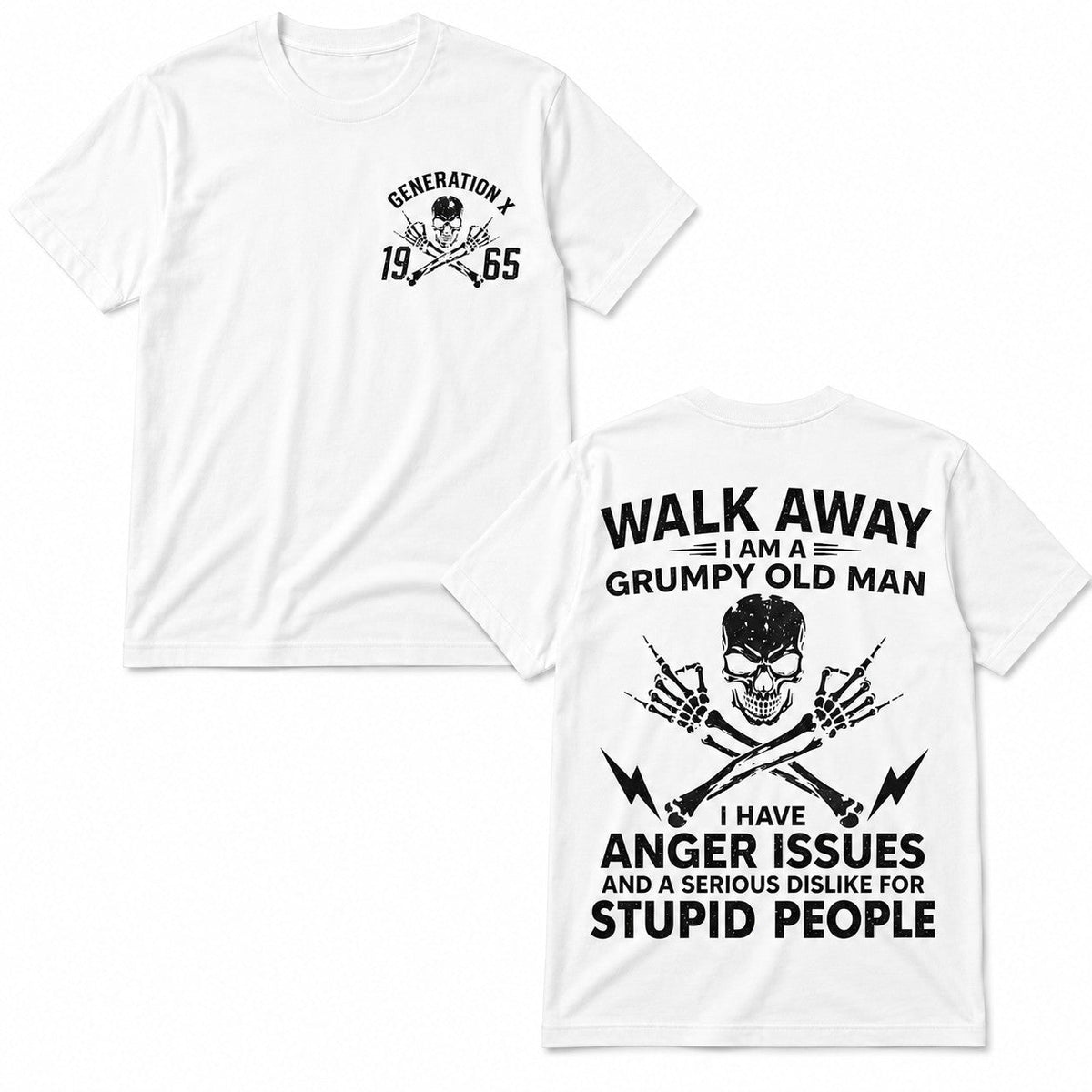  white cotton t-shirt with Generation X 1965 skull graphic and grumpy old man slogan on back
