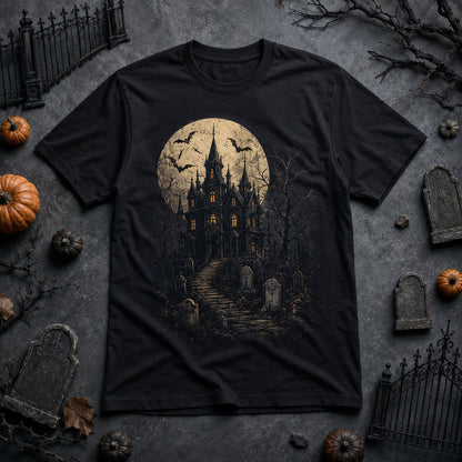  black cotton t-shirt featuring a haunted house, full moon, and bats graphic for Halloween.