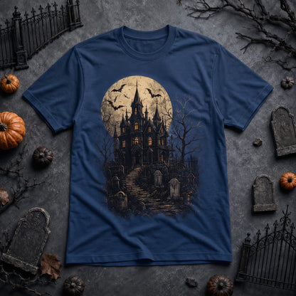  navy blue cotton t-shirt featuring a spooky haunted house, full moon, and bats Halloween graphic.
