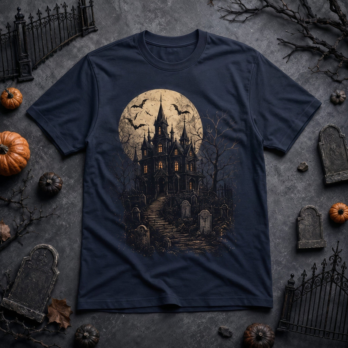  navy blue Halloween t-shirt featuring a spooky haunted house, graveyard, and full moon graphic.