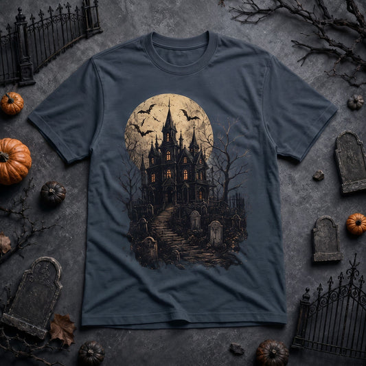  charcoal grey cotton t-shirt featuring a spooky haunted house, full moon, and bats graphic print.