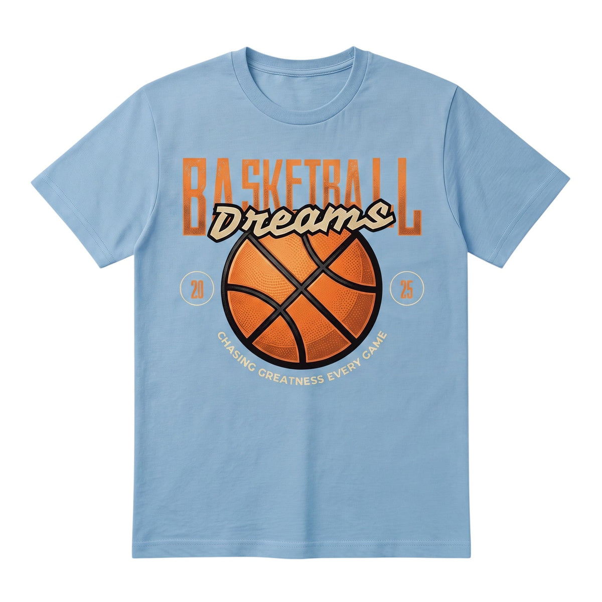  light blue graphic t-shirt featuring a basketball and the text Chasing Greatness Every Game.