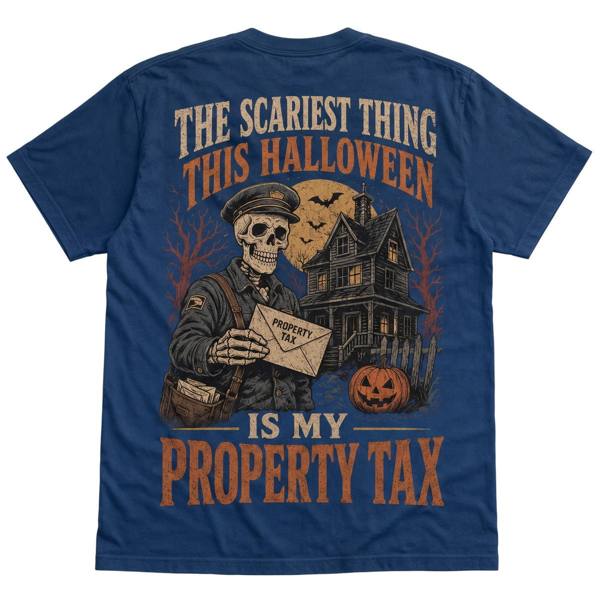  navy blue 100% cotton Halloween t-shirt featuring a skeleton mailman and haunted house graphic.