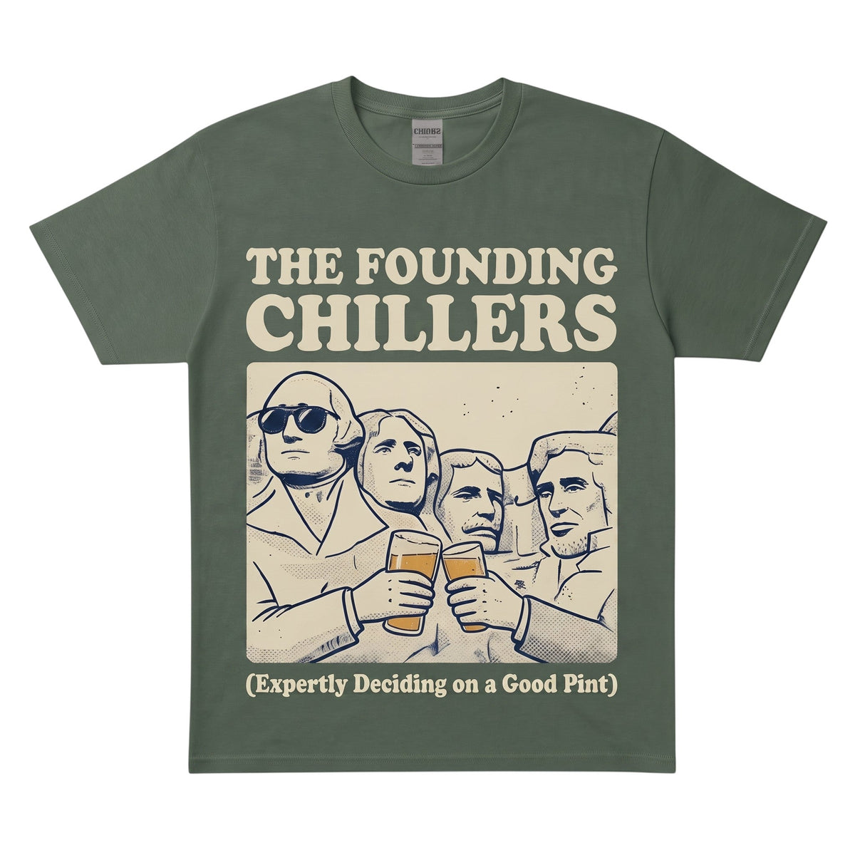  olive green heavy cotton t-shirt featuring a graphic of presidents toasting with beer mugs.