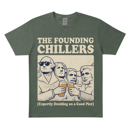  olive green heavy cotton t-shirt featuring a graphic of presidents toasting with beer mugs.
