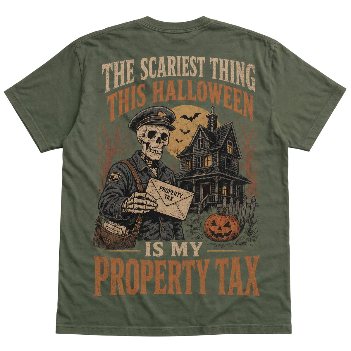  olive green cotton t-shirt with vintage skeleton mailman and haunted house Halloween graphic print