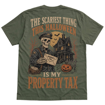  olive green cotton t-shirt with vintage skeleton mailman and haunted house Halloween graphic print