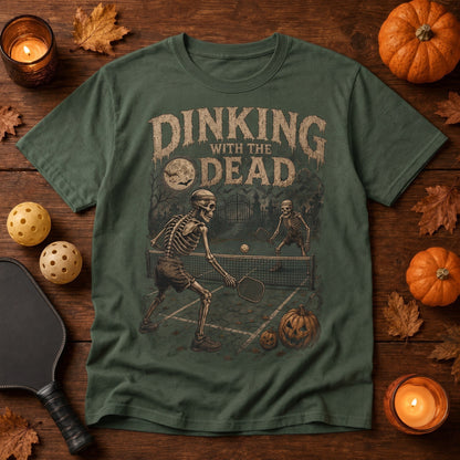  olive green Halloween pickleball t-shirt with skeleton players graphic and distressed vintage print.