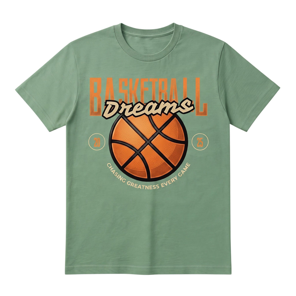  sage green cotton t-shirt with a basketball graphic and Chasing Greatness Every Game text