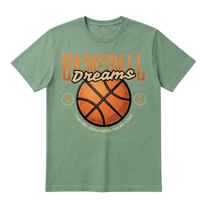  sage green cotton t-shirt with a basketball graphic and Chasing Greatness Every Game text