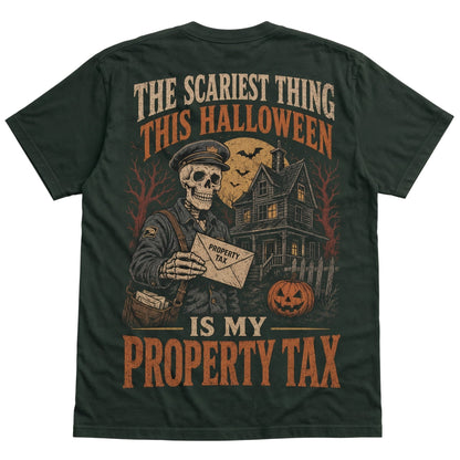 dark green cotton Halloween t-shirt featuring a skeleton mailman and haunted house graphic.