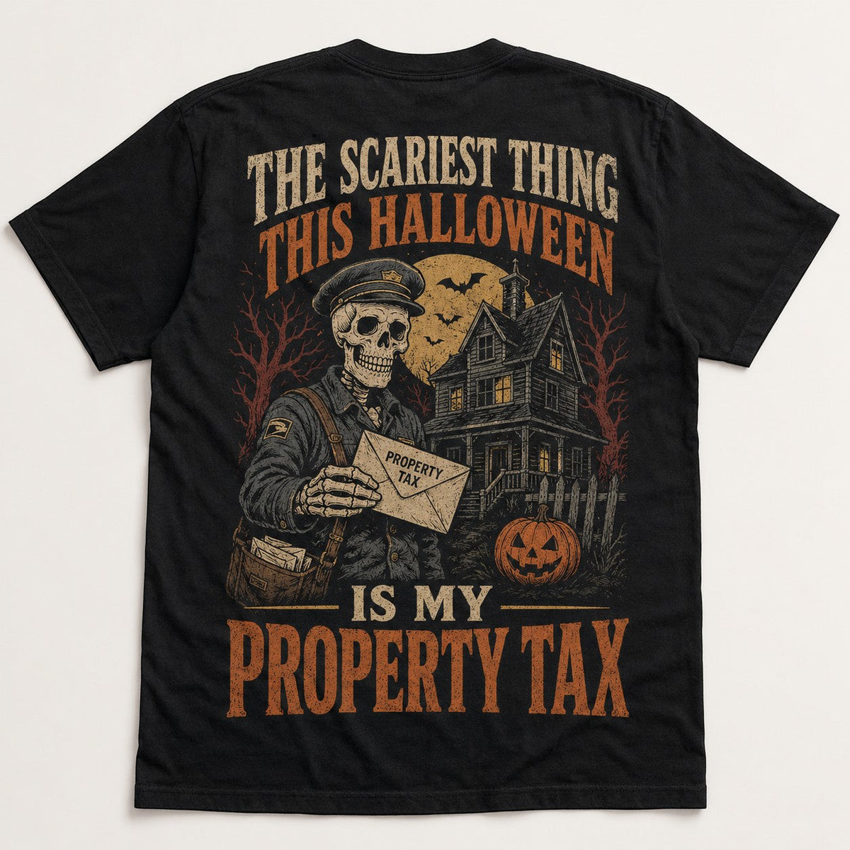  black cotton Halloween t-shirt featuring a skeleton mailman graphic and haunted house artwork.