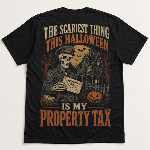  black cotton Halloween t-shirt featuring a skeleton mailman graphic and haunted house artwork.
