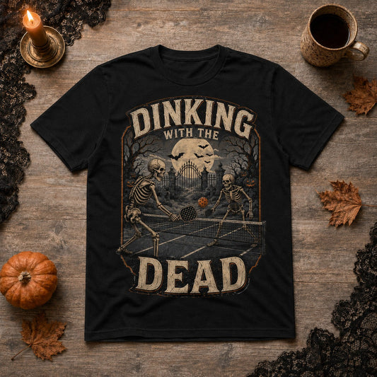  black cotton t-shirt featuring a vintage skeleton pickleball graphic for Halloween.
