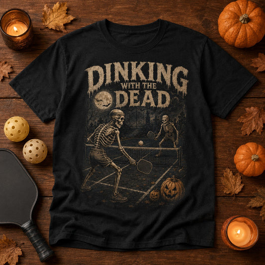  black cotton t-shirt featuring a vintage skeleton pickleball graphic for Halloween.